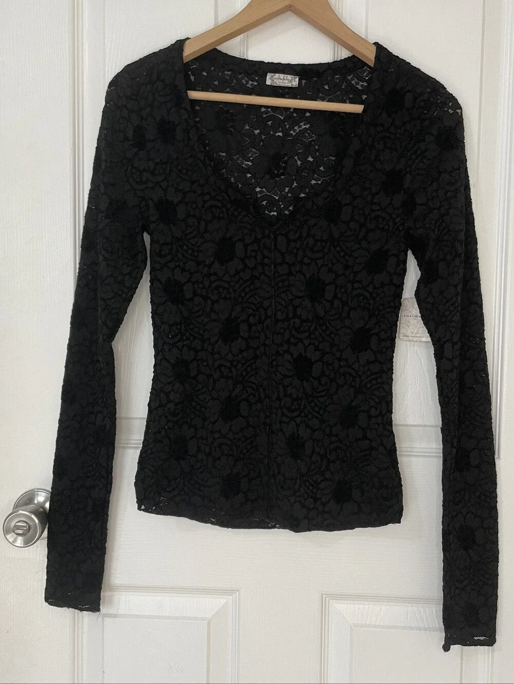 Free People NWT Black Lace Long-Sleeve Scoop Neck Top Size S